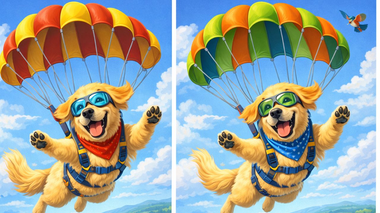 Find 3 Differences in the Dog Flying with a Parachute Picture