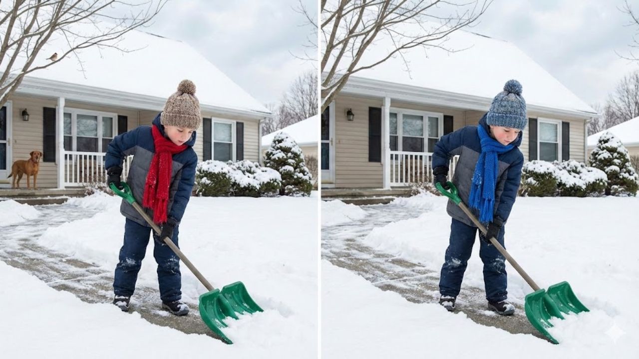 Spot the Difference Challenge: Identify 3 Visual Changes in the Boy Cleaning Snow Image in 8 Seconds