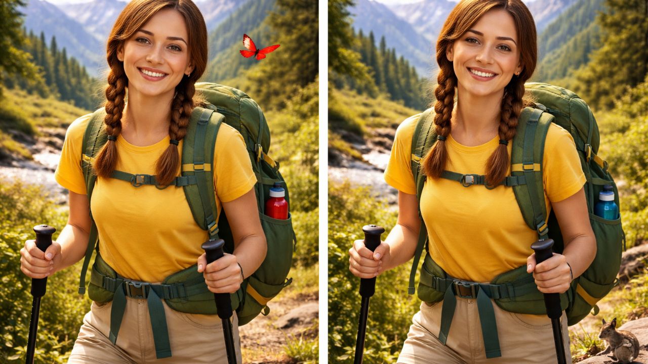 Spot the Difference Challenge: Find 3 Changes in the Girl Hiking Image in 9 Seconds
