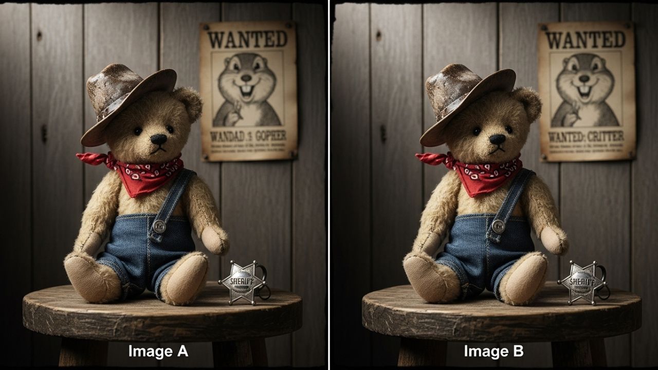 Spot the Difference Puzzle: Find 3 Hidden Changes in the Cowboy Teddy Image in 9 Seconds