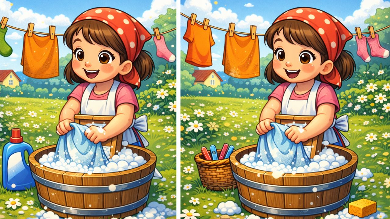 Spot the Difference Puzzle: Find 3 Changes in the Girl Washing Clothes Image in 8 Seconds