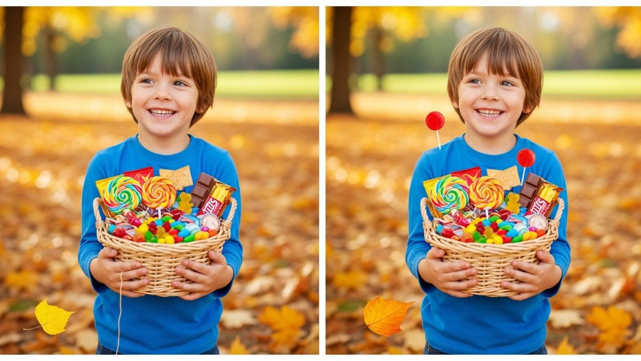Spot the Difference Test: Locate 3 Differences in the Boy With Candy Basket Image in 8 Seconds