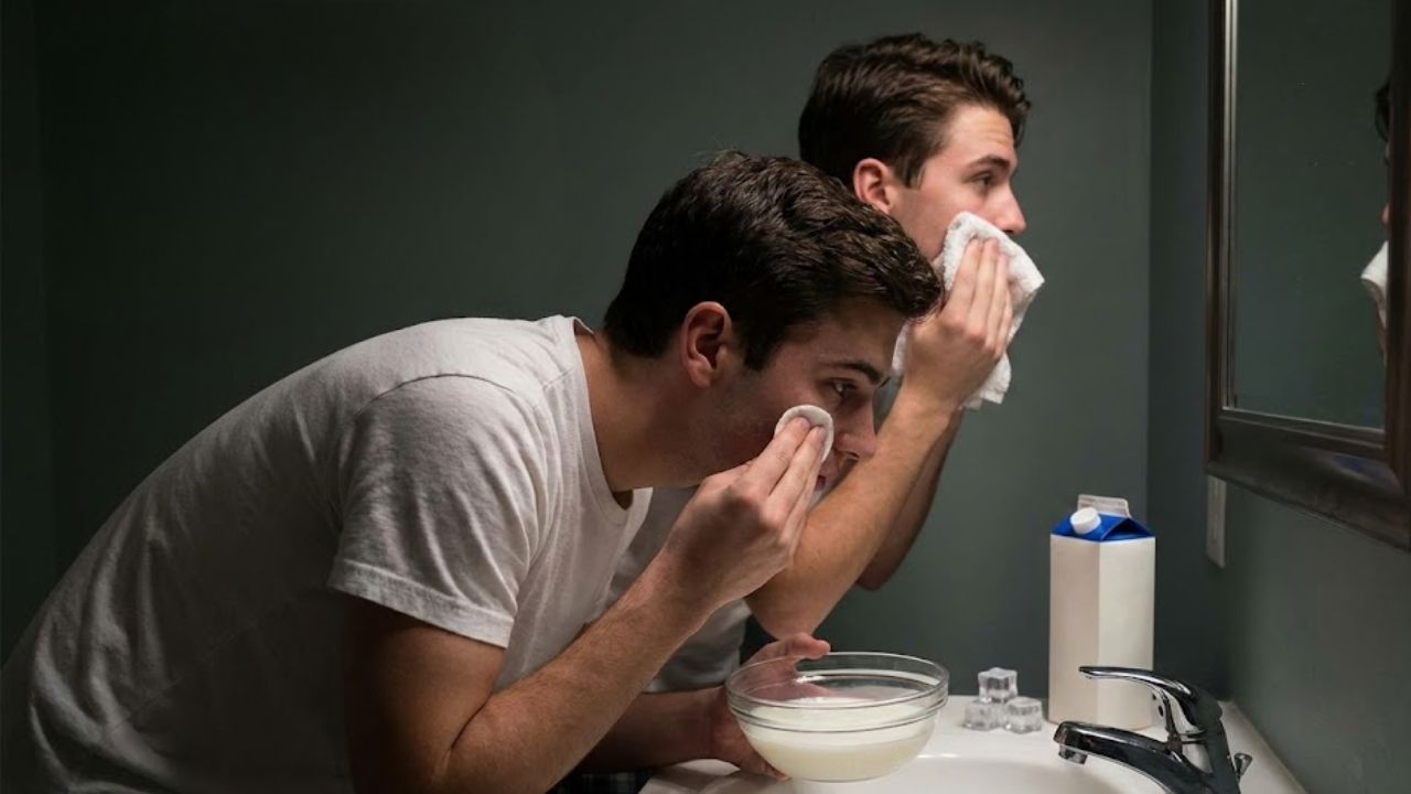 Boys Using Cold Milk on Face for Instant Glow Before Parties — Quick Fix Explained