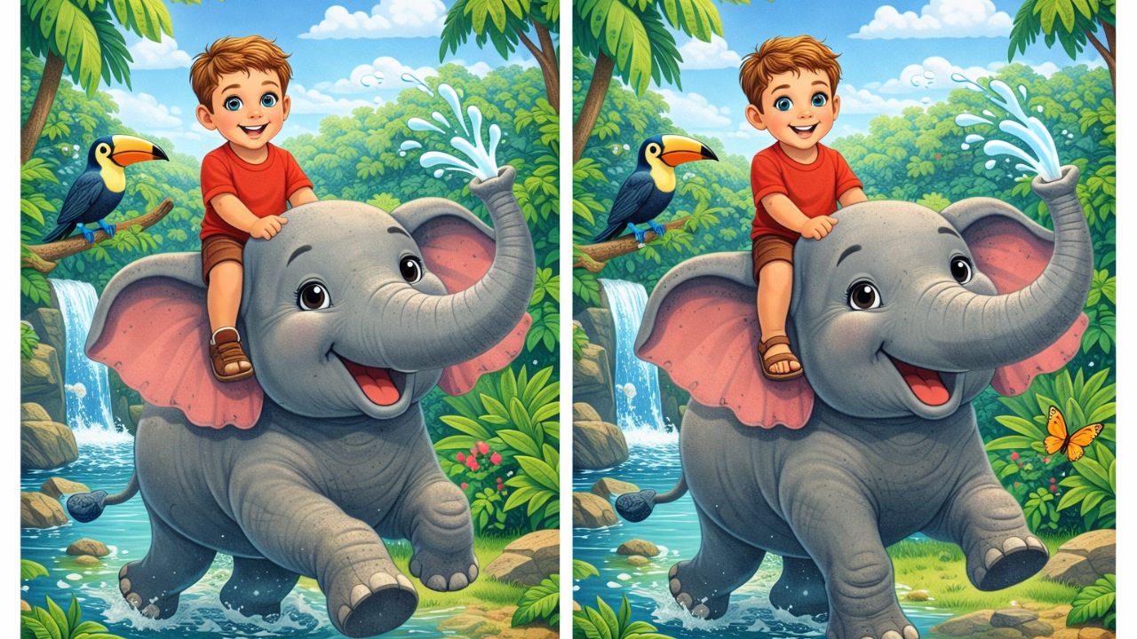 Only Sharp Eyes Can Find the 3 Differences in These Boy Riding an Elephant Images