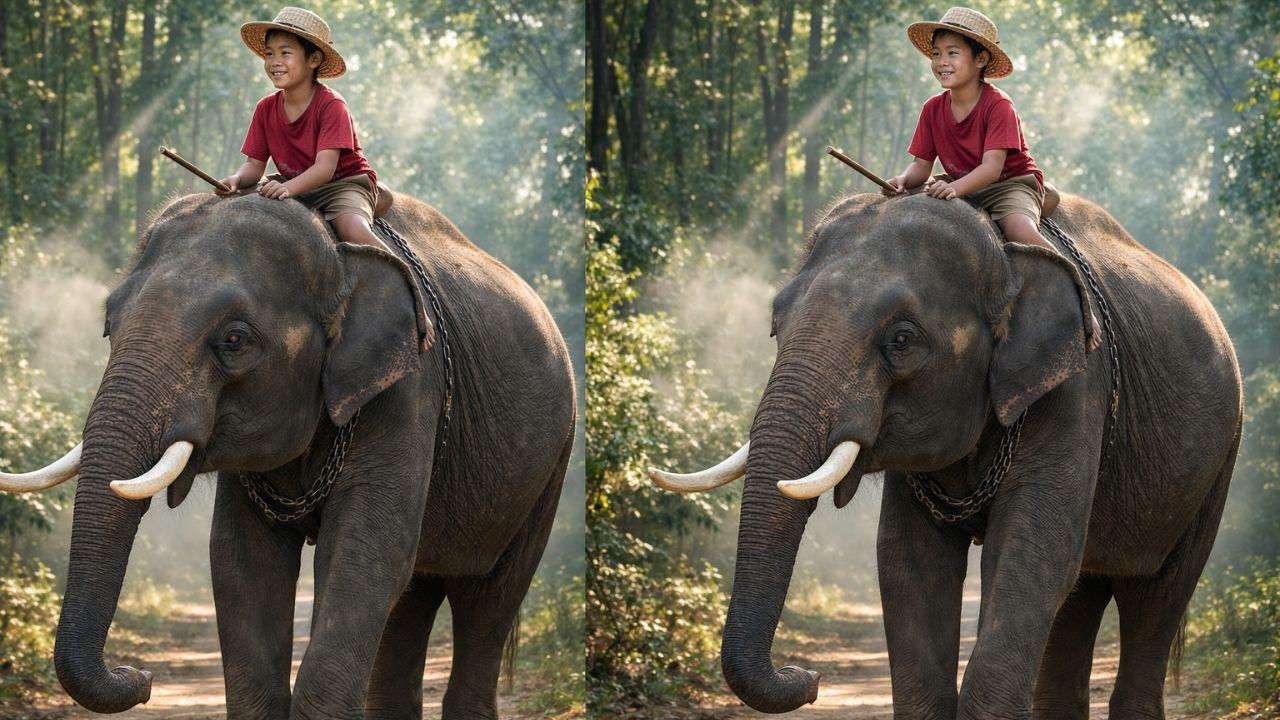 Spot the Difference Puzzle Identify 3 Changes in the Boy Riding Elephant Images
