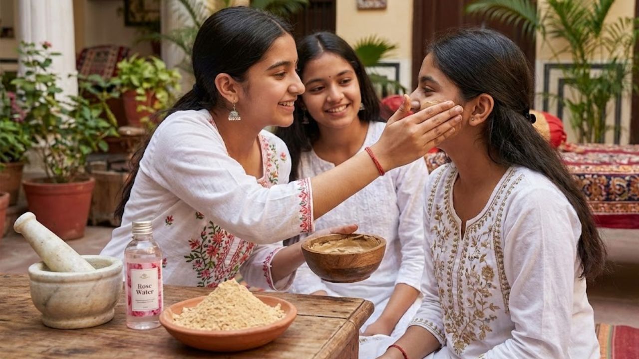 Girls Apply Sandalwood Powder and Rose Water for Bright Skin — Traditional Beauty Hack