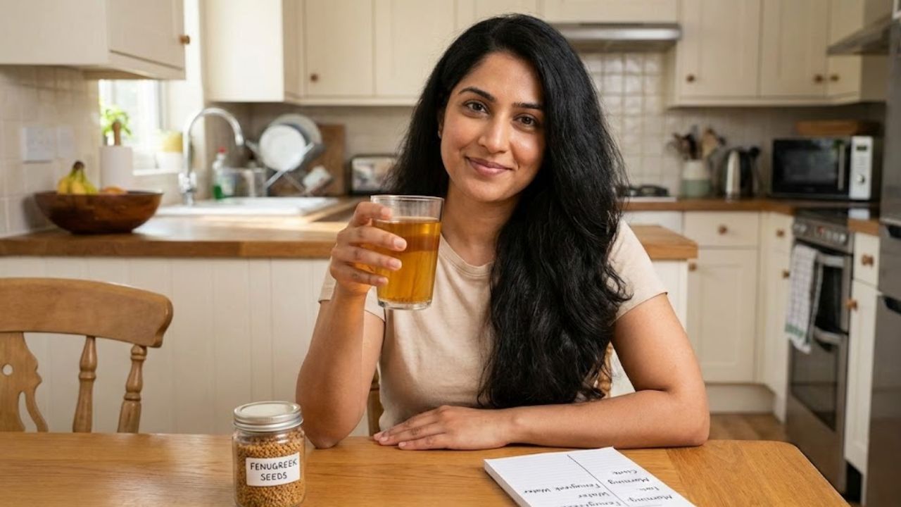 Women Drinking Fenugreek Seed Water Daily for Hair Fall Control — Full Routine Inside